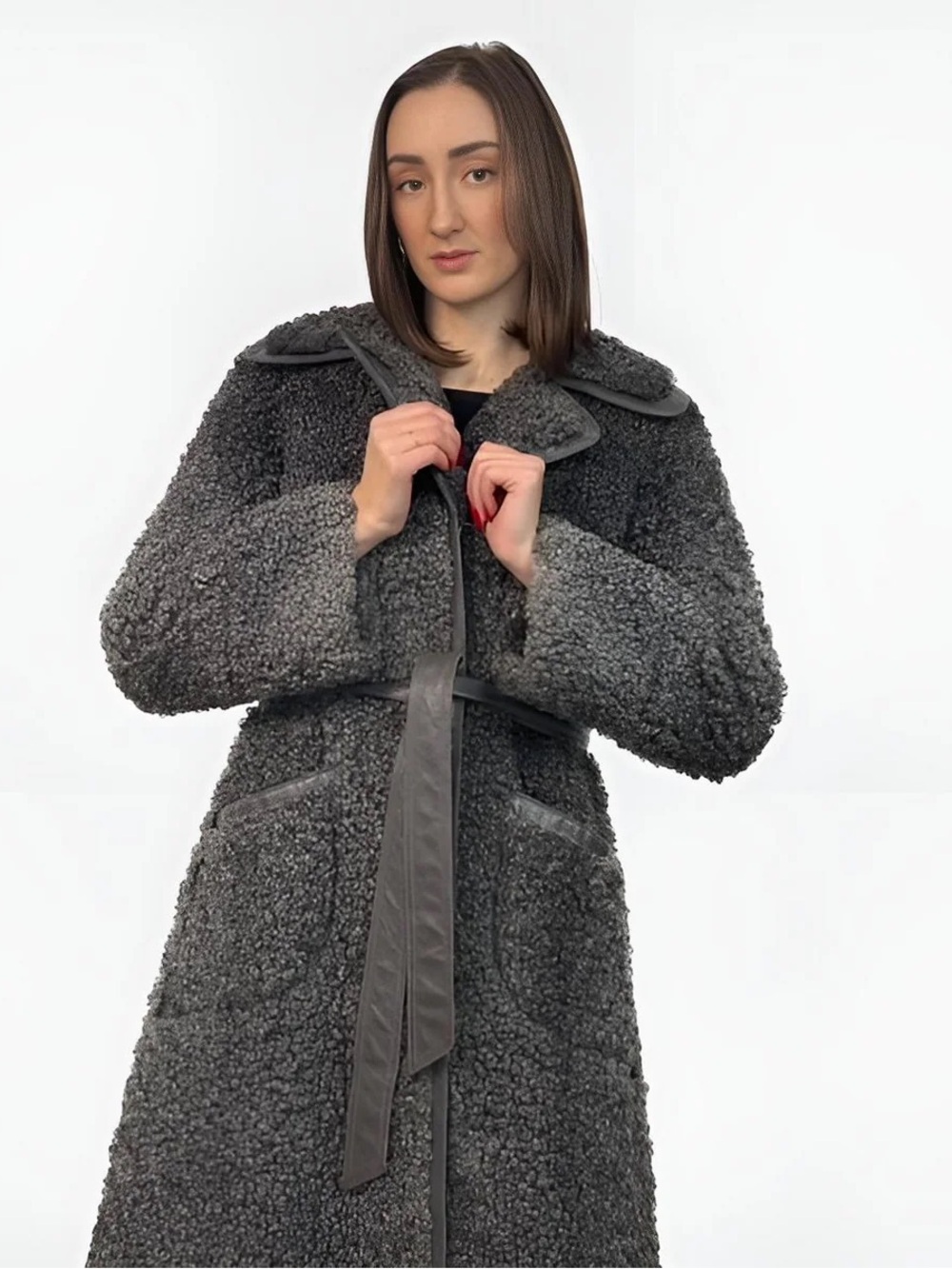 Charcoal Gray Vintage Shearling Belted Coat